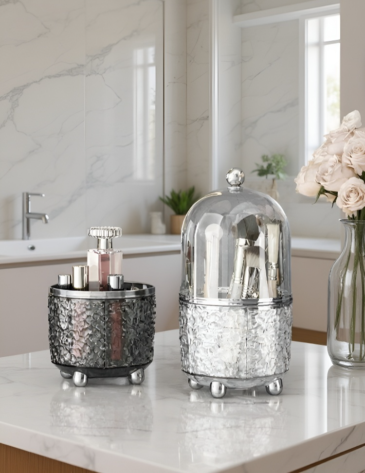 Transparent rotating makeup brush organizer on desktop