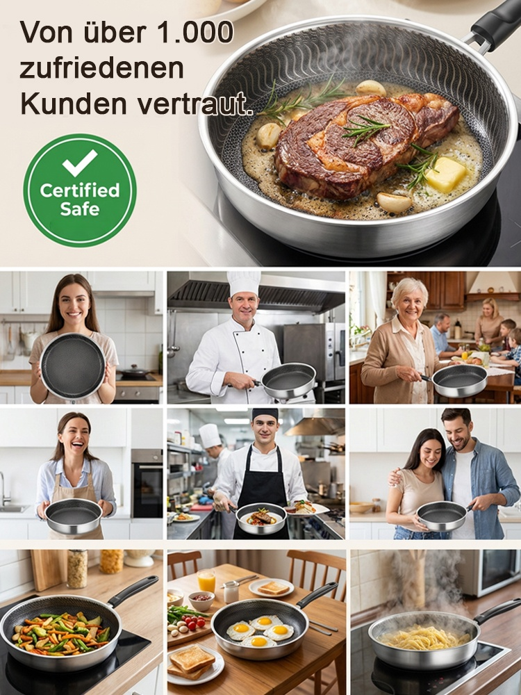 Edelstahlpfanne zum Braten von Eiern und Steaks.