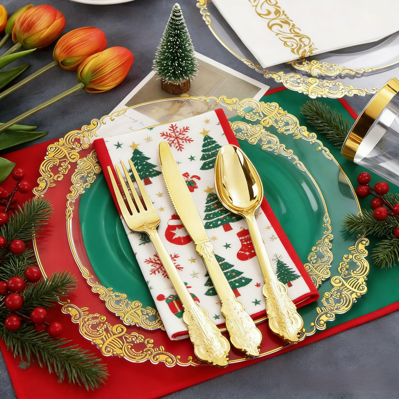 ชุดภาชนะพลาสติกสีทองสุดหรูสำหรับงานเลี้ยง 125 ชิ้น