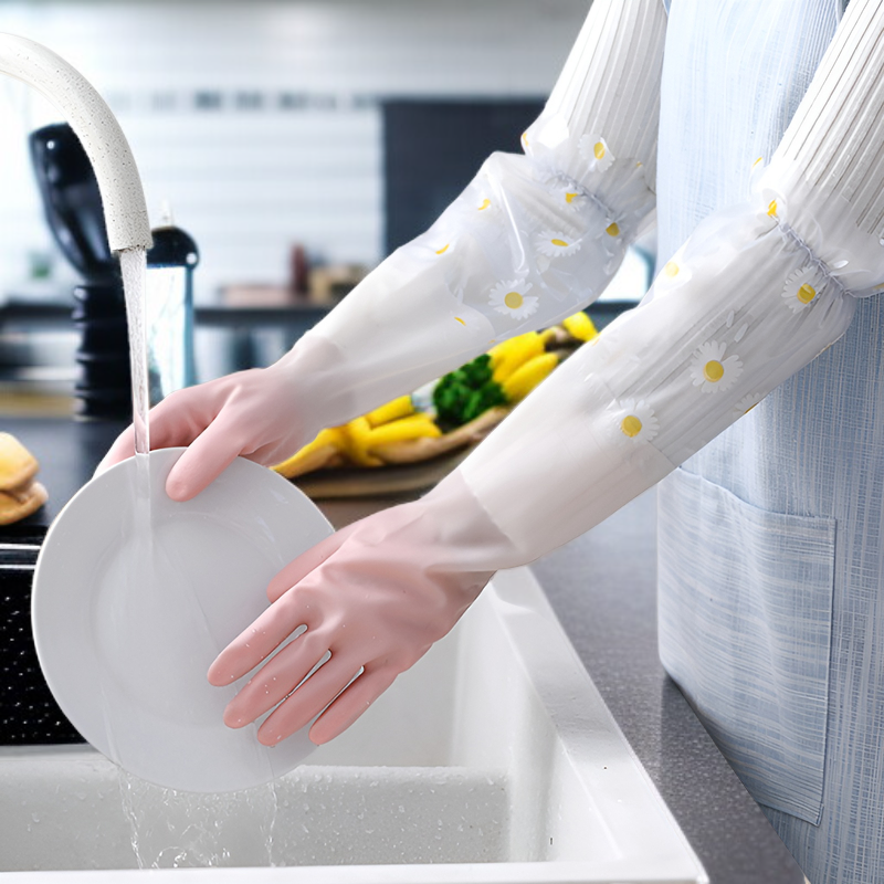 ゴム手袋 キッチン 食器洗い 手袋 ロング ラバーグローブ 皿洗い 厚手 女性用 長い 皿洗い用ゴム手袋 食器洗い手袋 炊事用ゴム手袋 キッチン用ゴム手袋 裏地付き 手荒れ防止 丈夫 フリーサイズ