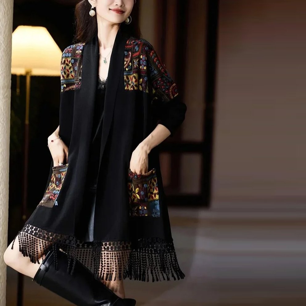 時尚顯瘦拼接流蘇披肩開衫外套