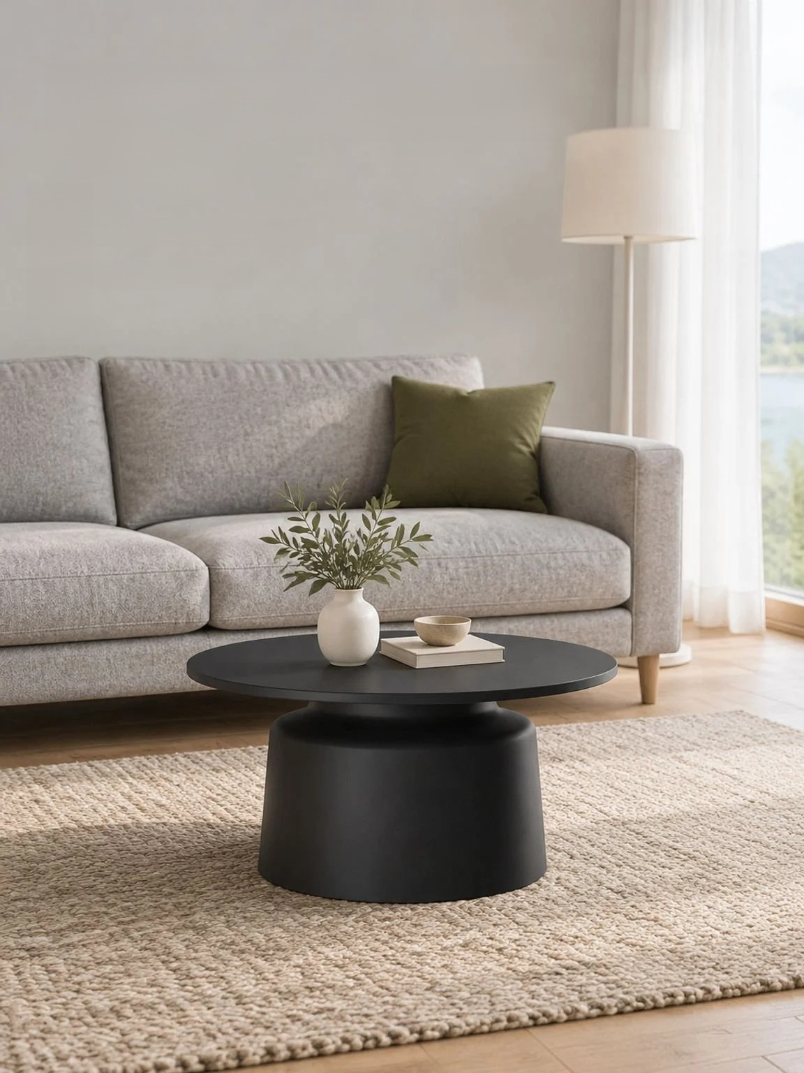 Cream-colored round coffee table in a modern living room
