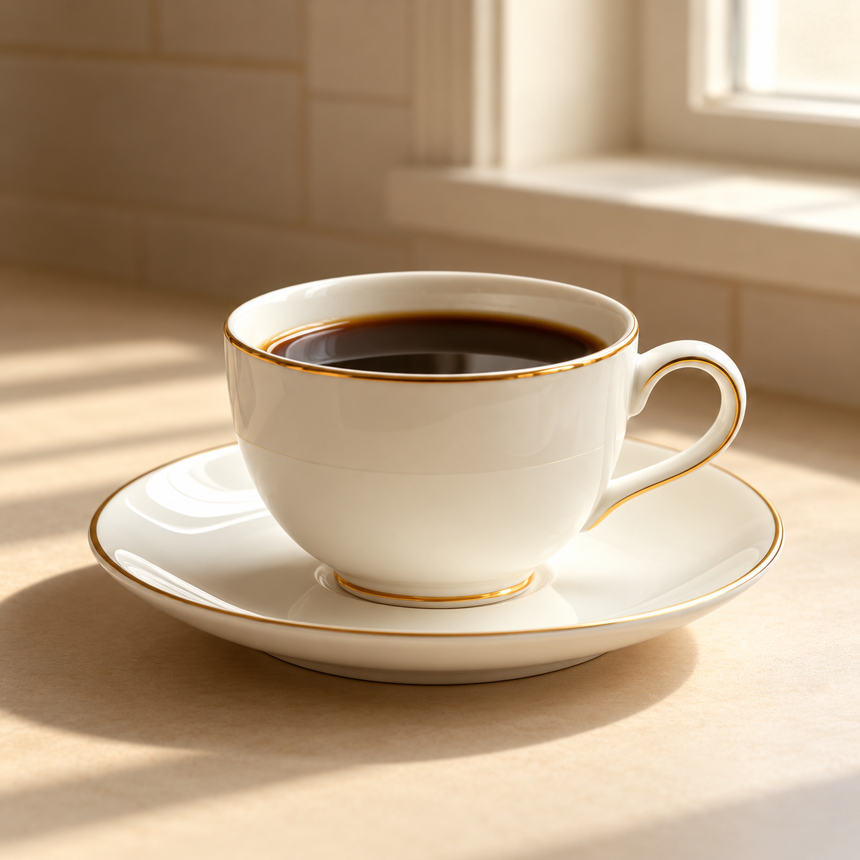White porcelain coffee cup and saucer with gold rim on table
