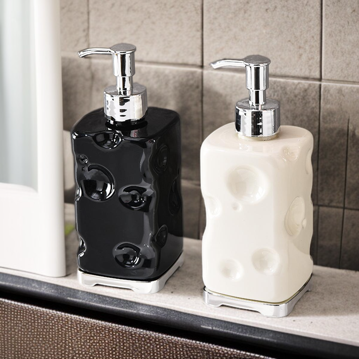 Minimalist and sophisticated bathroom hand soap and shower gel dispenser bottles