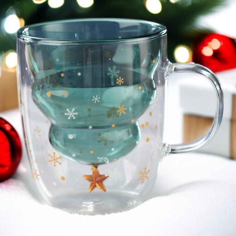 Doppelwandiges Glas mit rotem Henkel, Weihnachtsbecher 2025