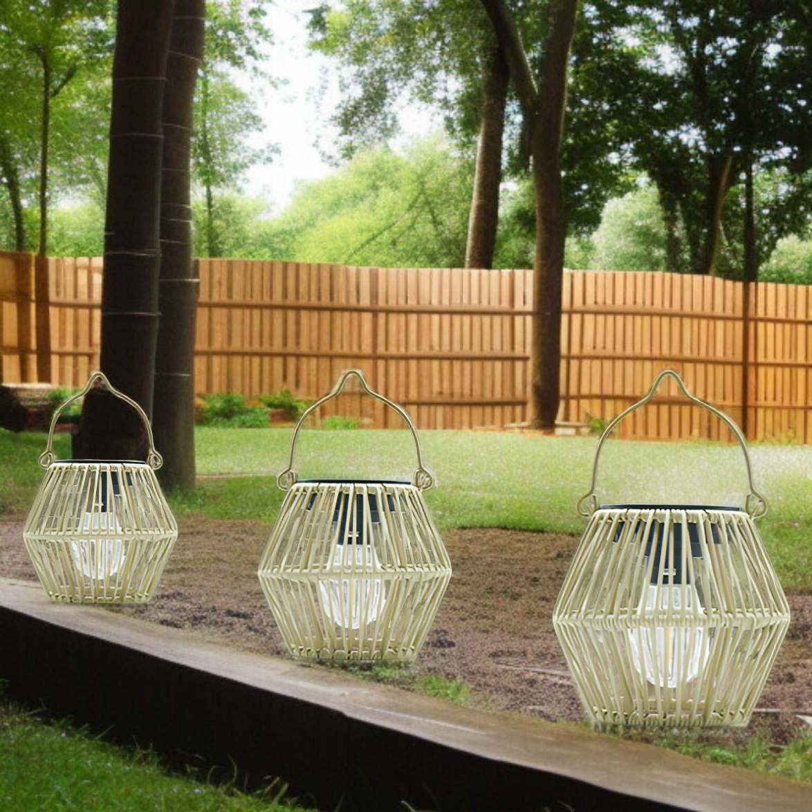 竹編みソーラー庭園ランタン 手提げランタン 田園風防水アウトドアテーブルランプ 吊り下げ装飾灯