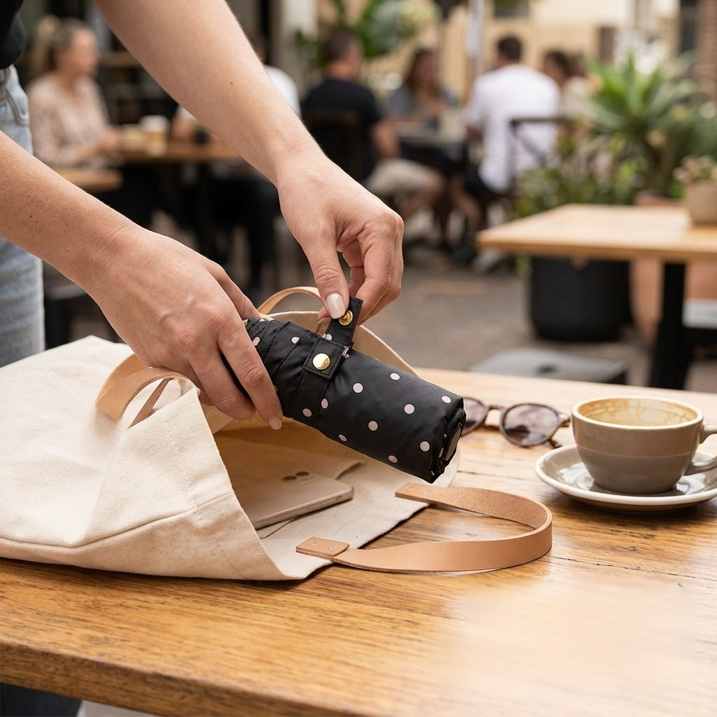 小さな水玉模様の折りたたみ式日傘（黒ビニール製）