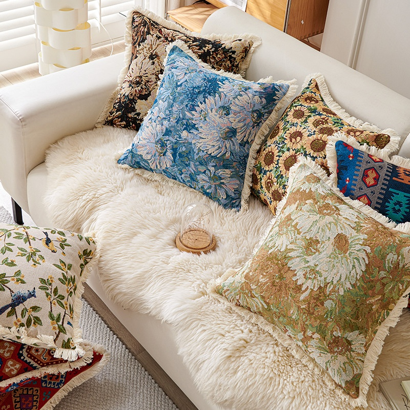 Coussin décoratif rétro en coton et lin
