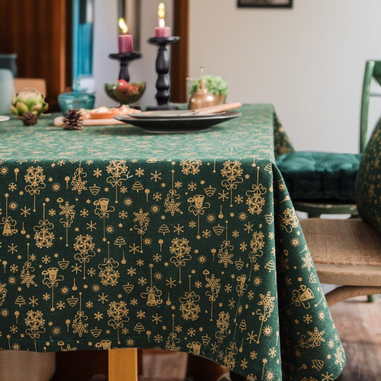 크리스마스 벨 눈송이 일본풍 면&린넨 테이블커버 프린트 직사각형