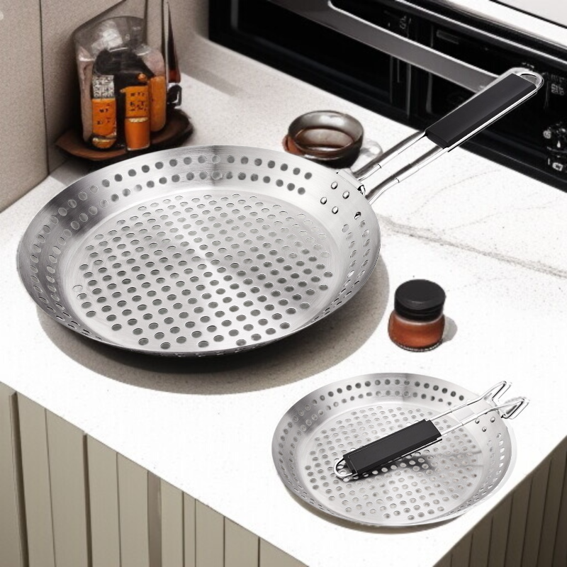 휴대용 Bbq 불판 야외 접이식 야채판 원형 펀칭 불판 나무 손잡이 야외 바베큐 접시