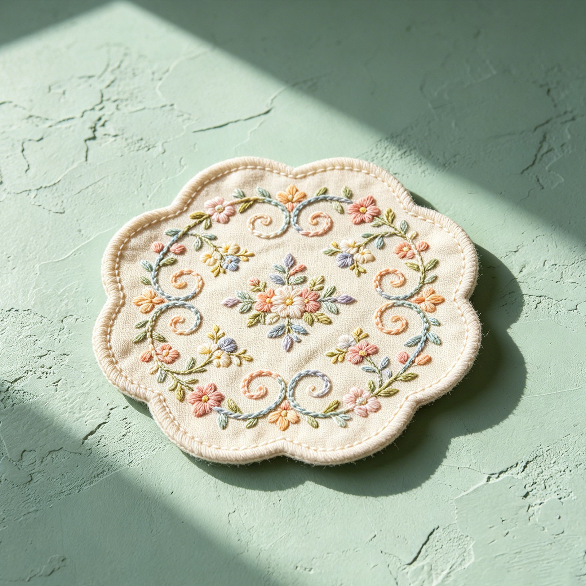 Set of 10 embroidered fabric coasters neatly arranged