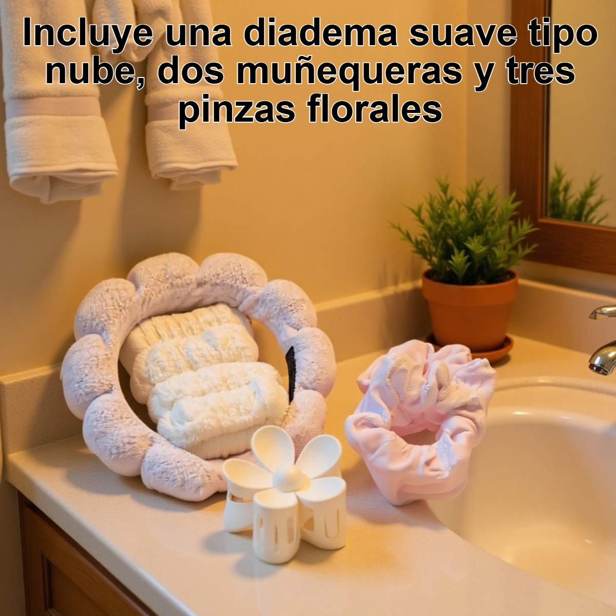 Set de 6 piezas: diadema nube, muñequeras y pinzas florales para el cabello