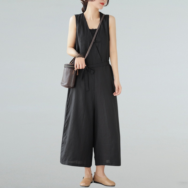 夏の新作リネンコットンゆったり無地オールインワン