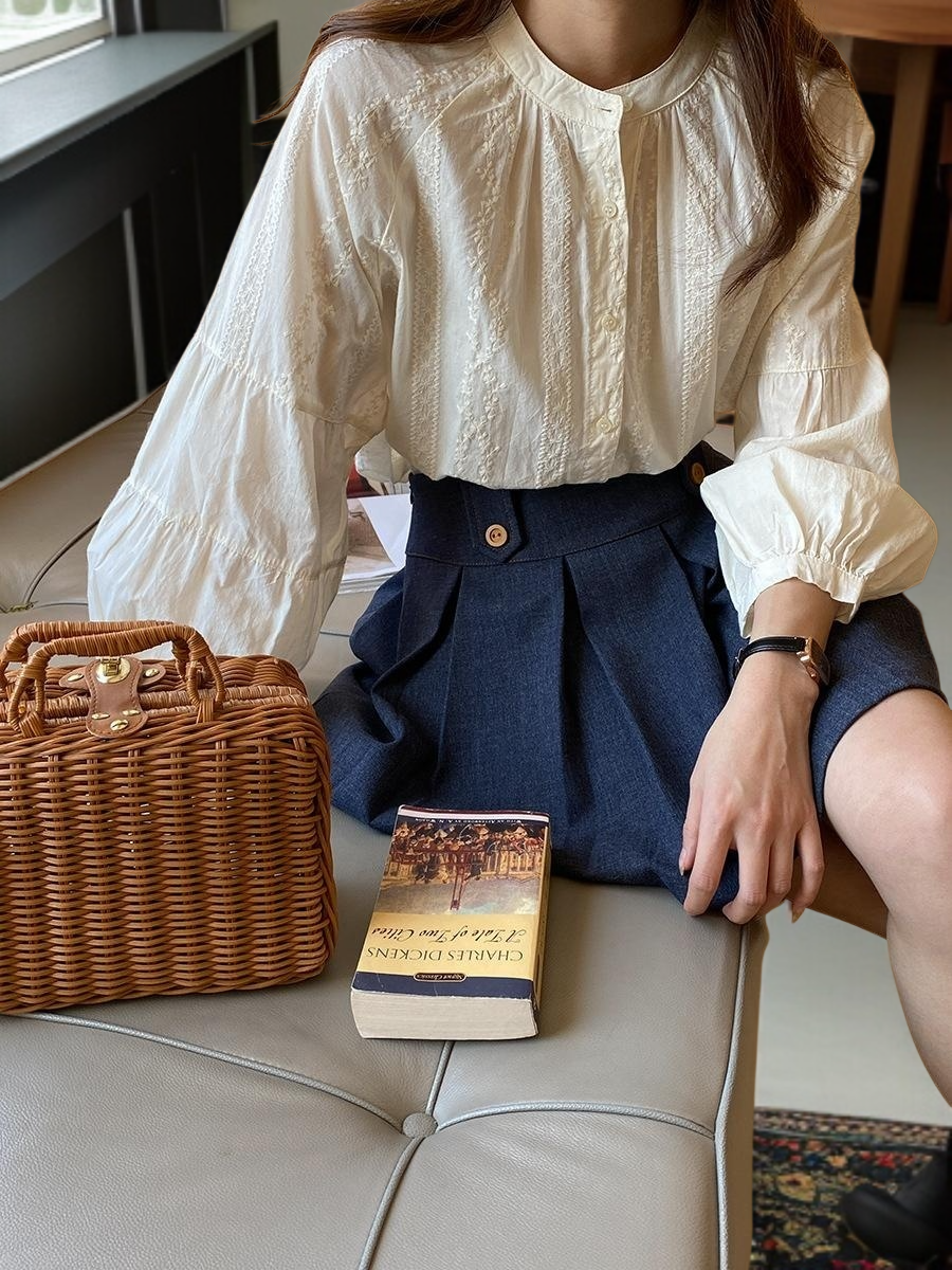 데일리룩 봄 벌룬 소매 셔츠