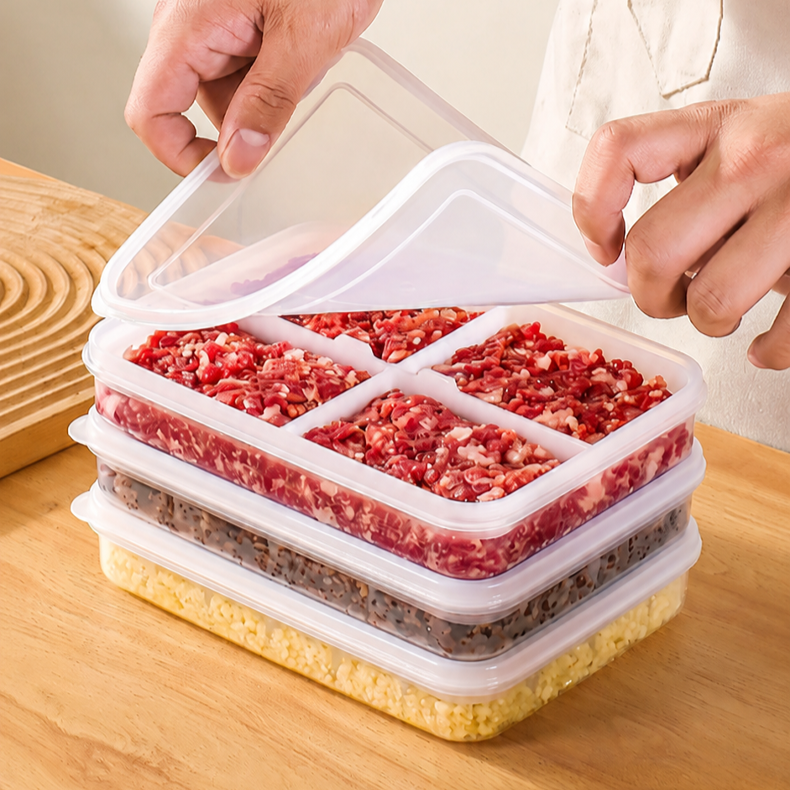冷蔵庫用の仕切り付き取り外し可能な食品保存容器。冷凍肉やみじん切りニンニクの小分けに最適で、素早く簡単に食品を準備できます。