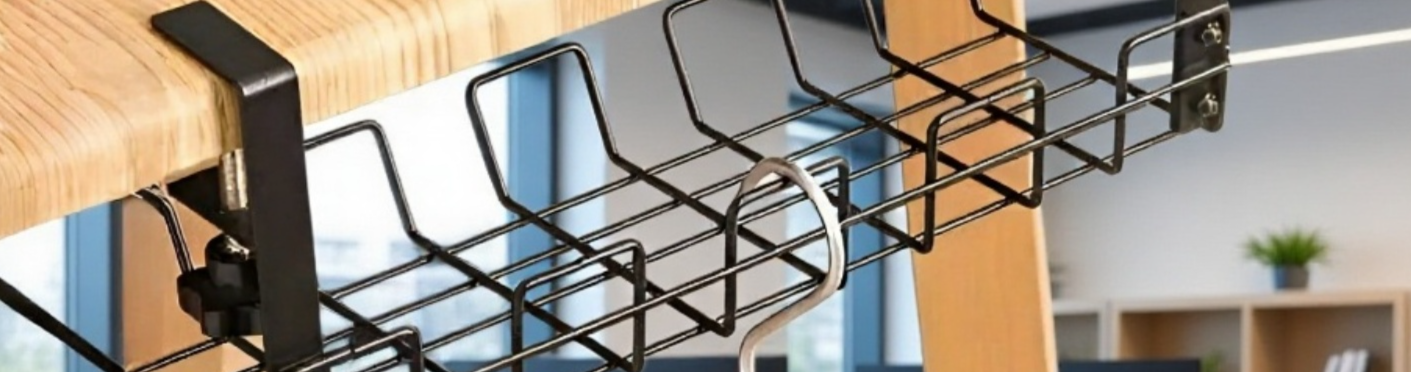 책상 밑에 설치된 전선 수납 선반 모습