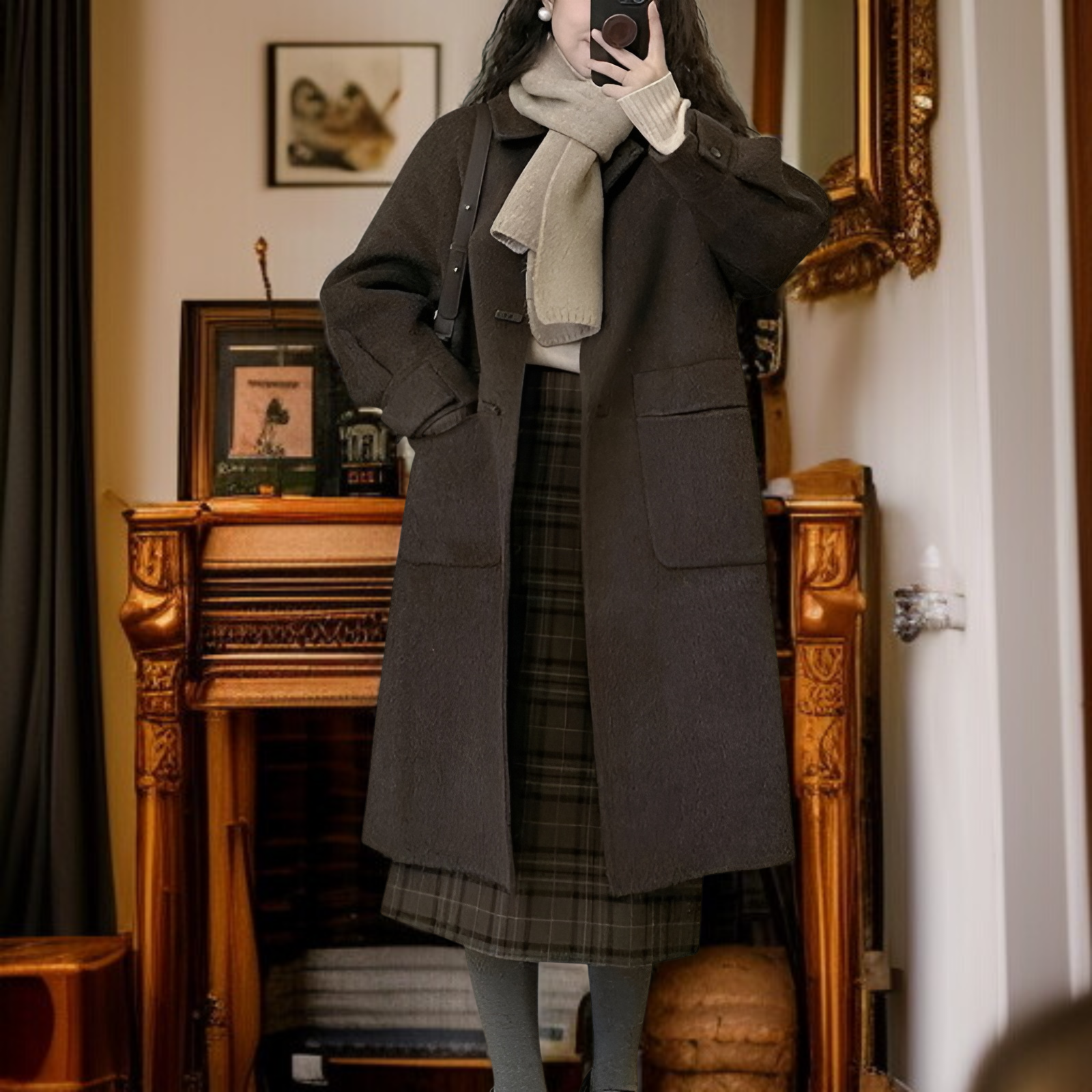 小柄女性向け加厚カフェ色ダッフルコート ヘップバーン風 2025年秋冬新作 裏起毛ウールジャケット