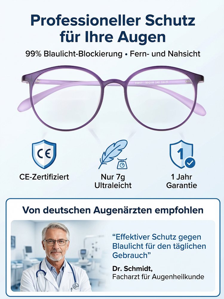 Blaulichtfilter-Brille mit Autofokus für Nah- und Fernsicht.