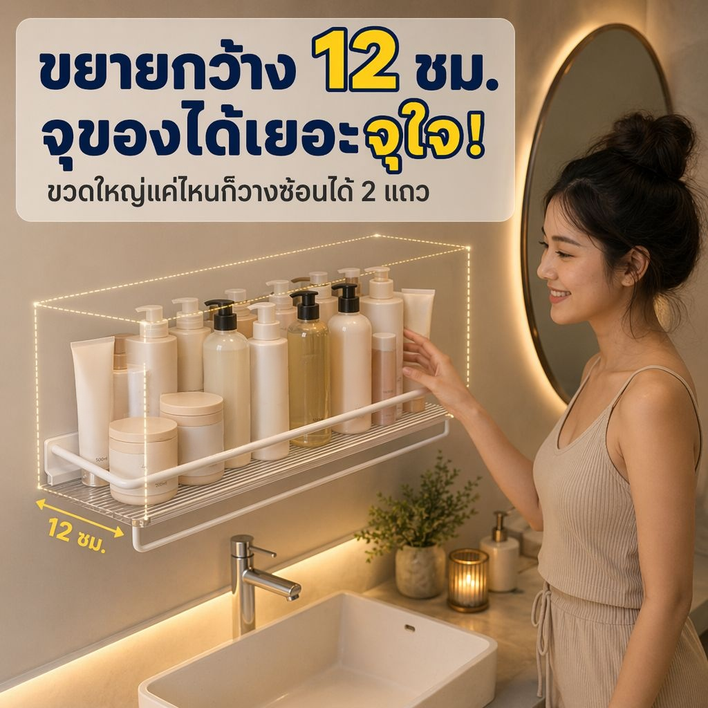 ชั้นวางของอะคริลิคติดผนังในห้องน้ำ ไม่ต้องเจาะผนัง