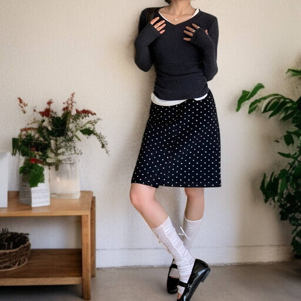 여성 하이웨스트 A라인 스커트 스커트 트임 도트 스커트