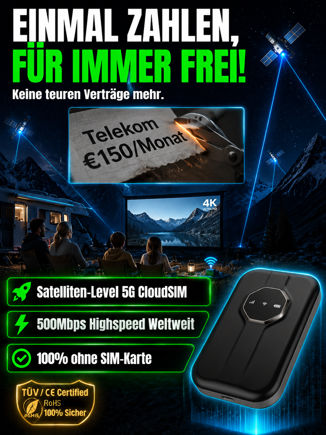 【Kein SEPA-Mandat erforderlich】Tragbares Satelliten-WLAN✨100% Abo-frei✨