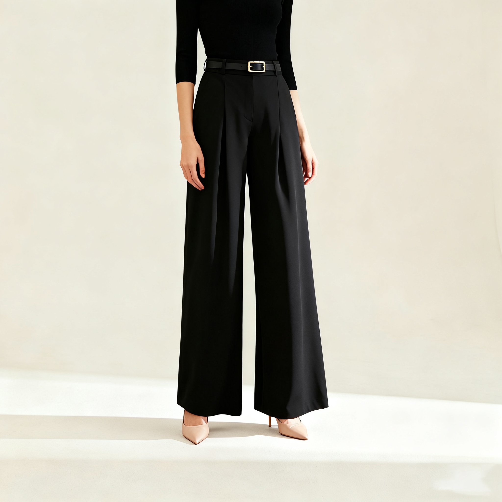 여성 착용 블랙 플레어 와이드 팬츠