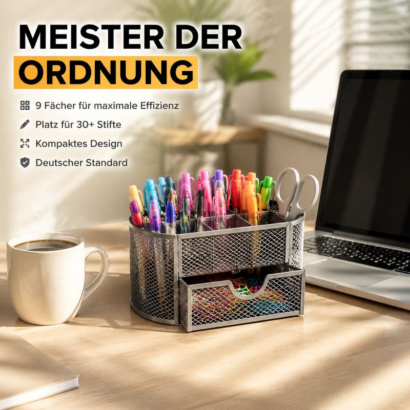 Metallgitter-Stifthalter mit neun Fächern, kombinierbare Schreibtischbox