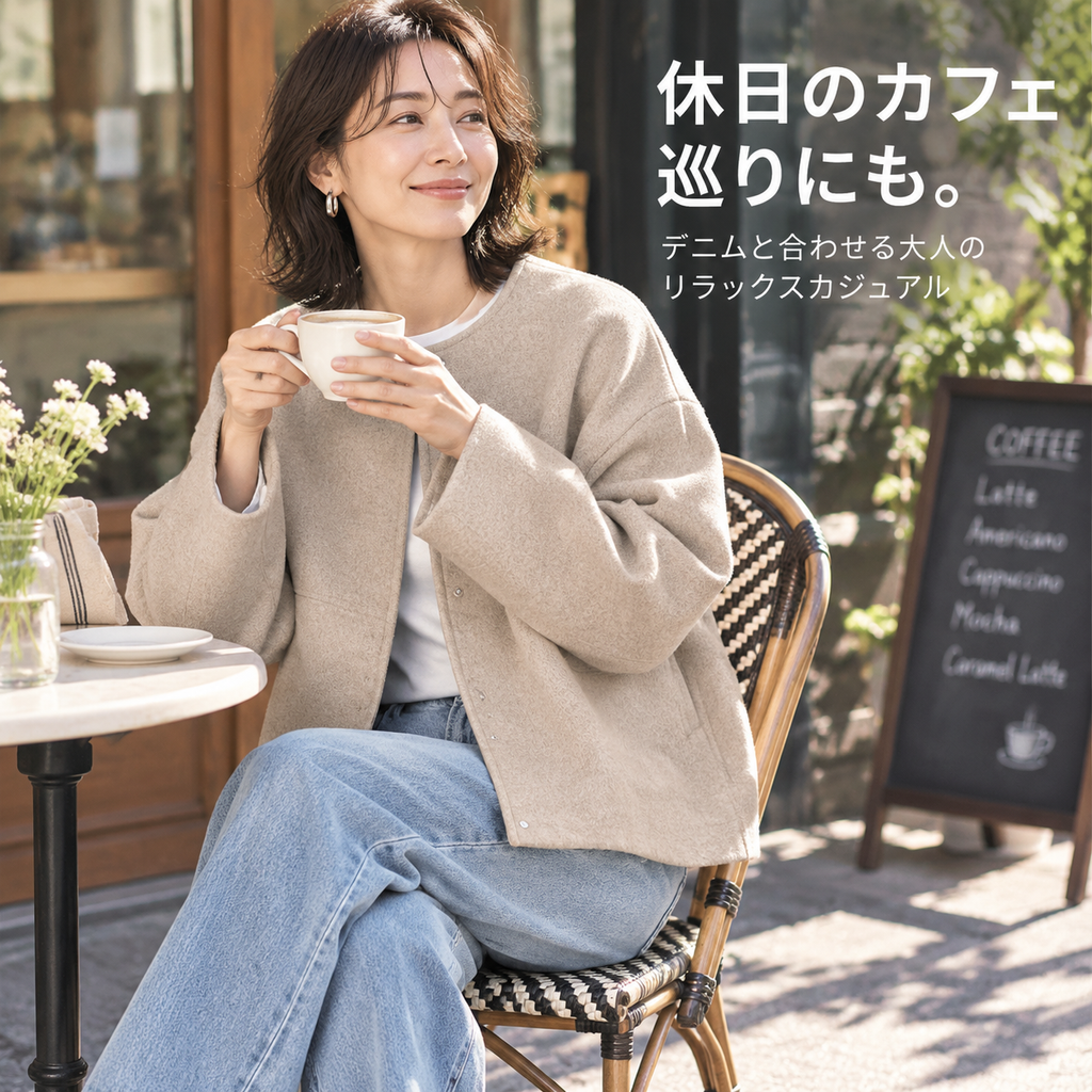 レディースシンプル丸首ウールショートジャケット