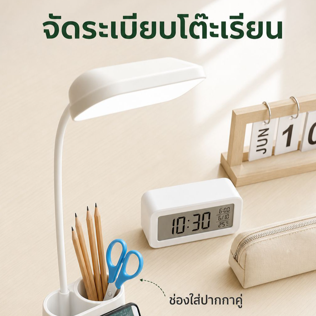 โคมไฟ LED ตั้งโต๊ะสำหรับนักเรียน มัลติฟังก์ชั่น พร้อมที่ใส่ปากกา ชาร์จไฟได้ ถนอมสายตา ใช้ในหอพัก