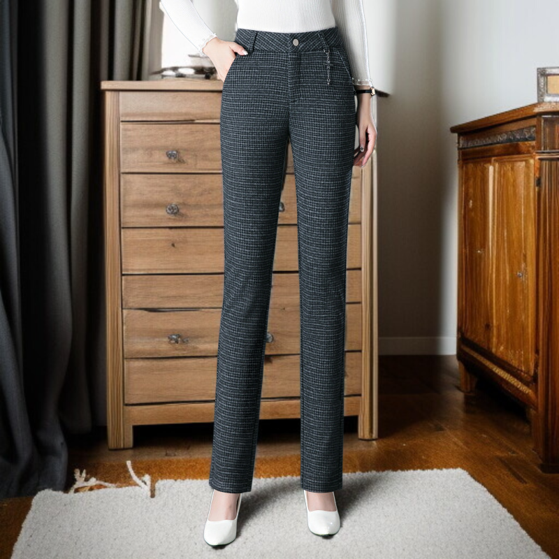 高弾性チェック柄冬厚手パンツ ハイウエストルーズストレートパンツ 繊維高弾性パンツ