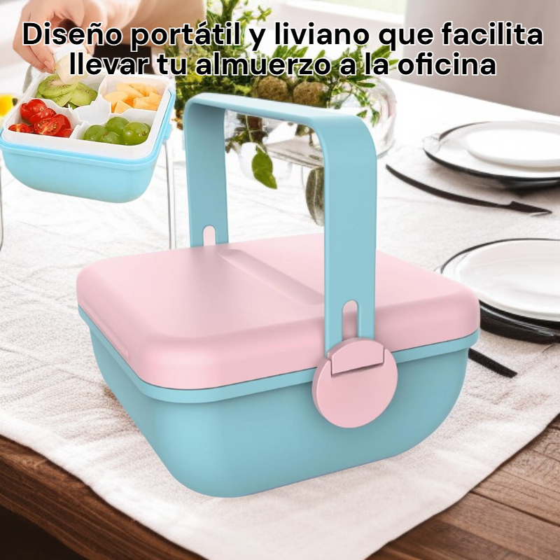 Contenedor de alimentos portátil con divisiones, ideal para llevar almuerzo