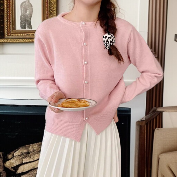 여성 니트 가디건 긴팔 솔리드 상의 진주 버클 여성 봄가을 라운드 니트 가디건 부드러운 니트 코트