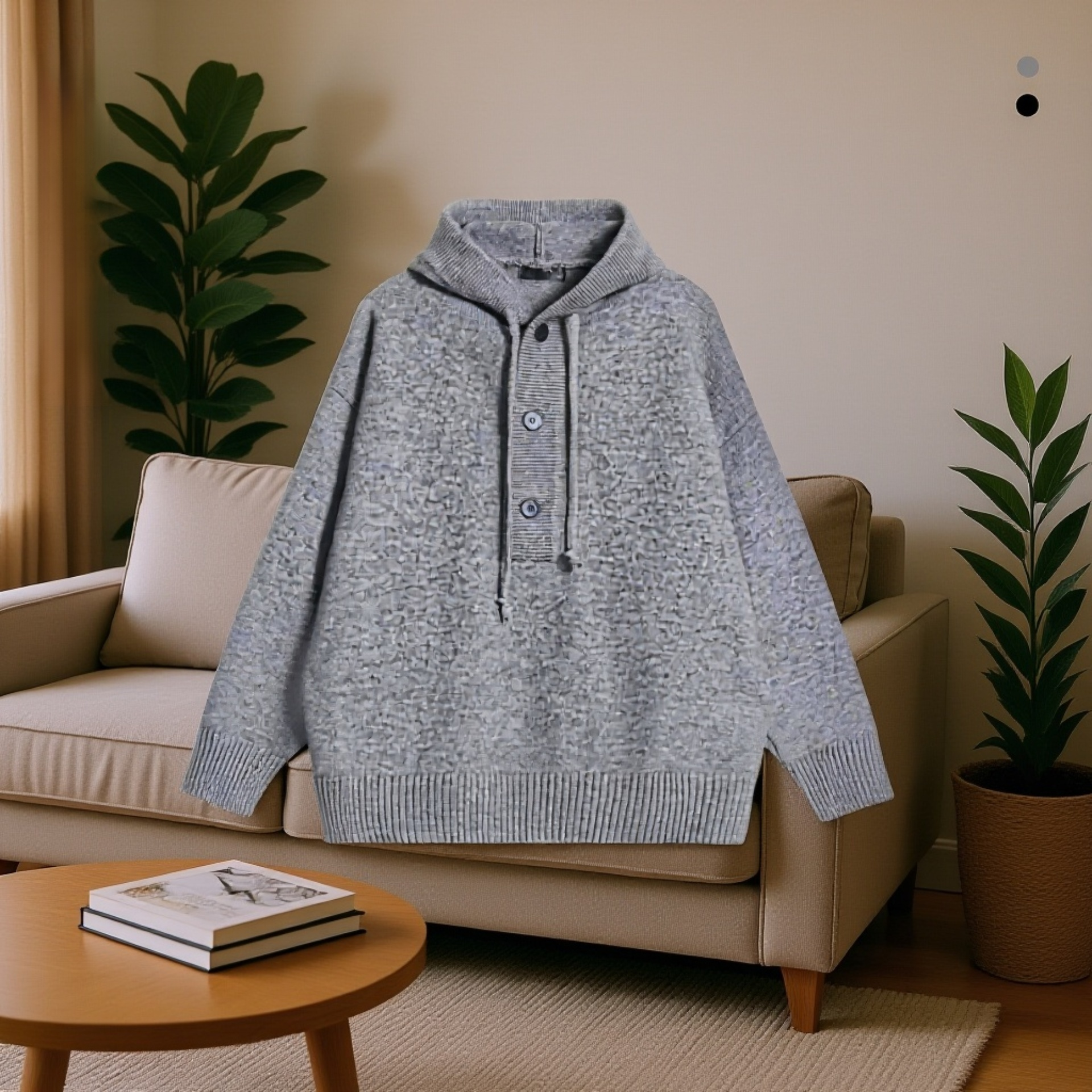 カジュアルでリラックスしたスタイルのニットフード付きプルオーバーセーター