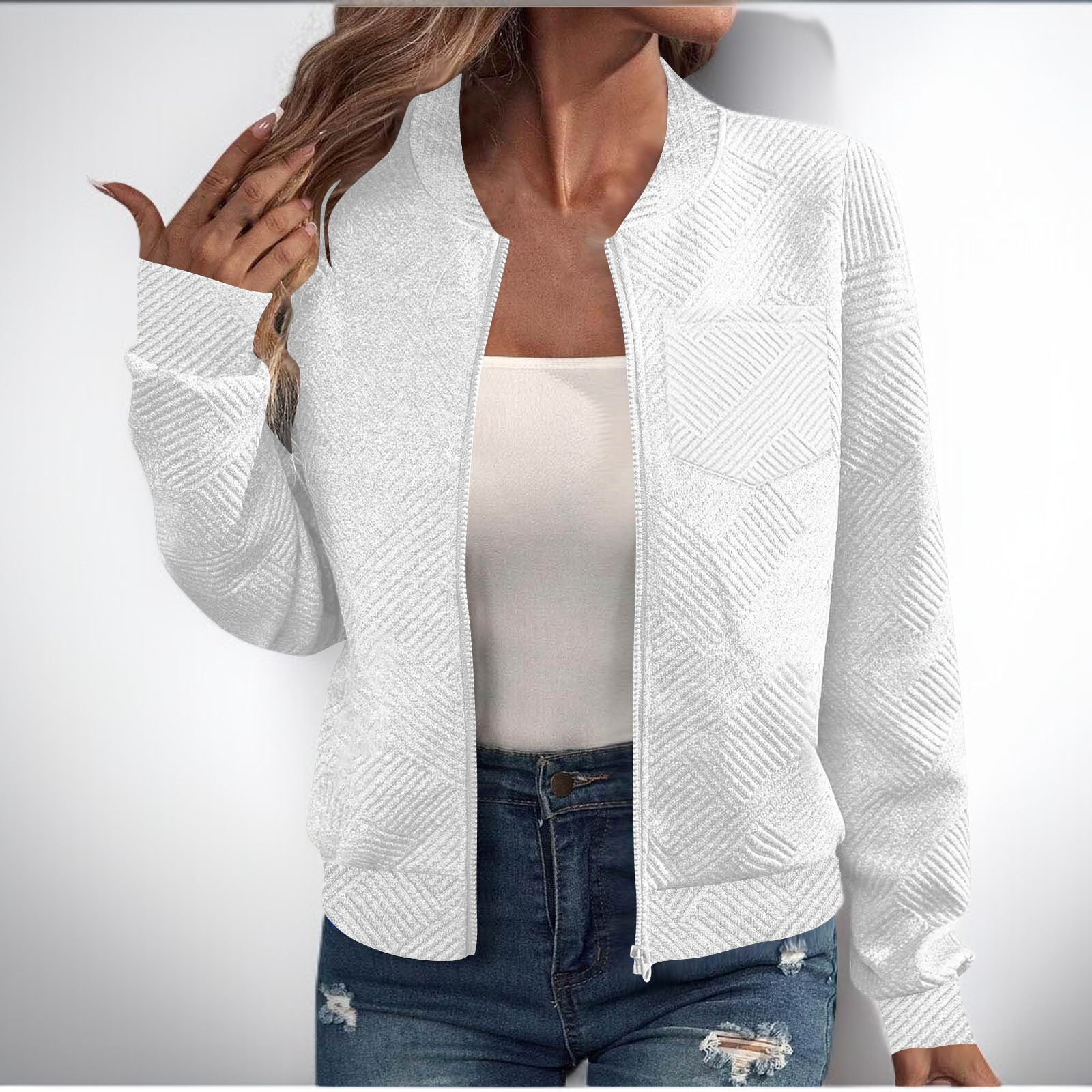 レディース ラウンドネック 長袖 ジッパー付きポケット カジュアルジャケット ベースボールジャケット