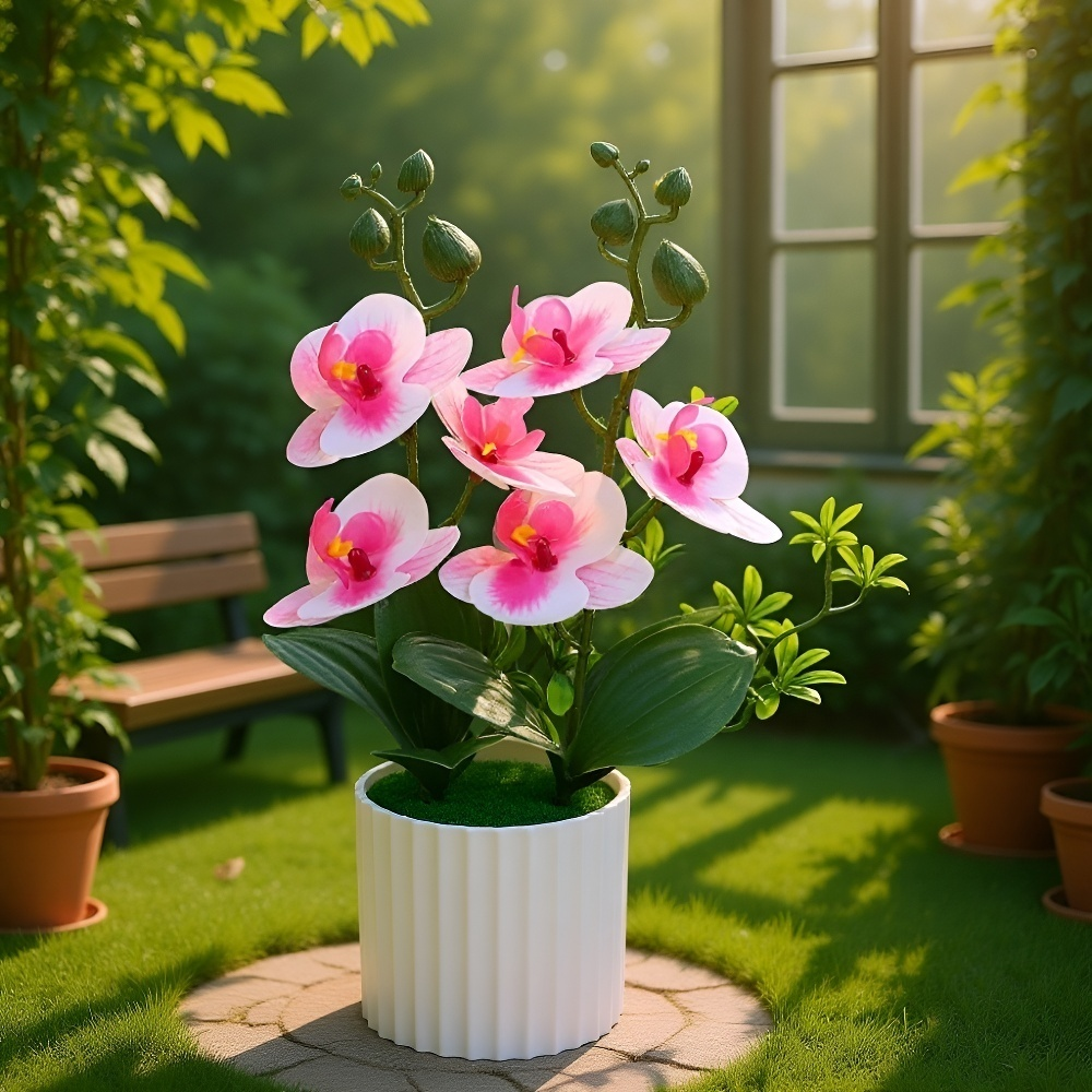 White artificial Phalaenopsis orchid in ceramic pot