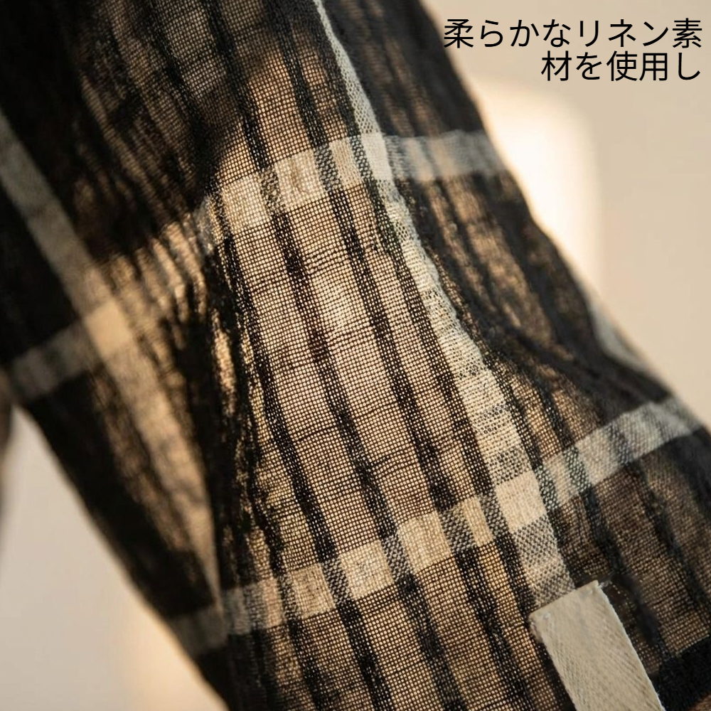 カジュアル文芸チェック柄ゆったりリネンシャツ