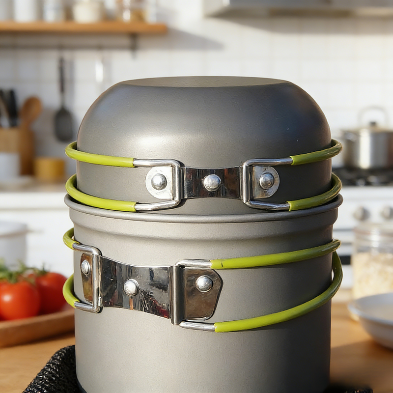 Kültéri hordozható főzőkészlet 12 fő részére edényekkel és evőeszközökkel