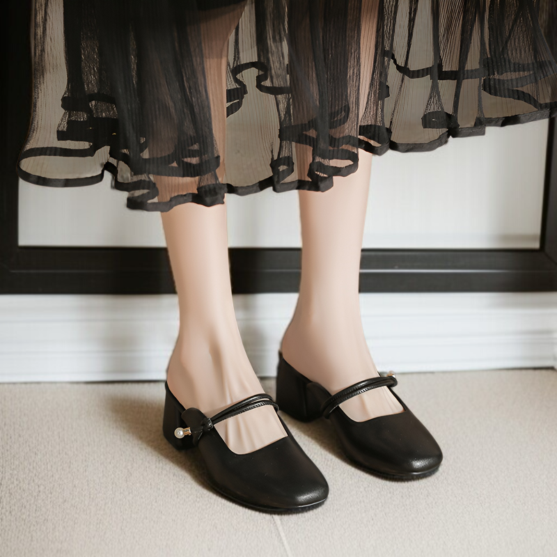 夏用レディーススリッパ。フレンチスタイルの厚底ヒール、つま先閉じサンダル。レザーハーフスリップサンダル。レトロなファッション、スカート付きサンダル。アプリコットハイヒールサンダル。