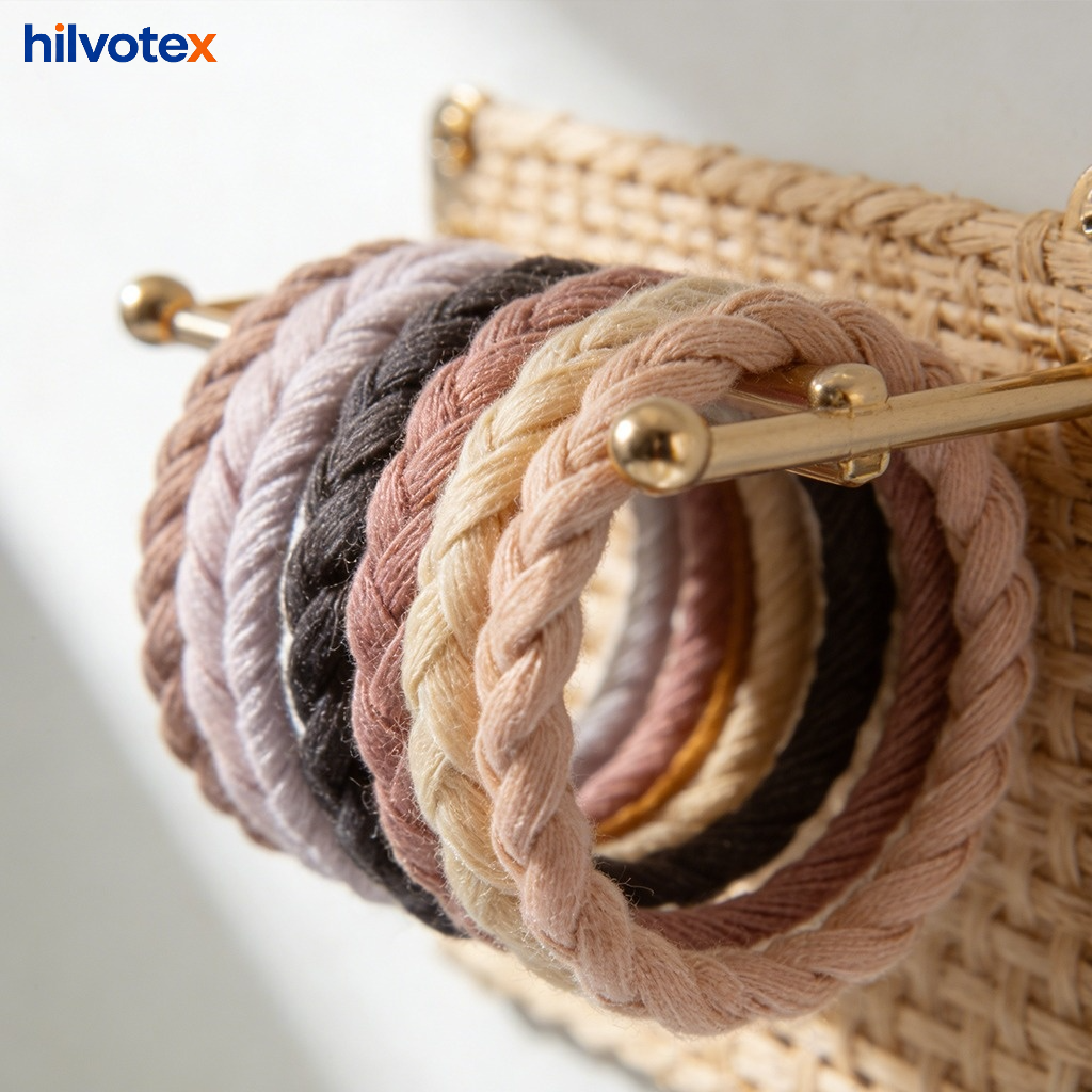 Hand placing hair ties onto the woven rack