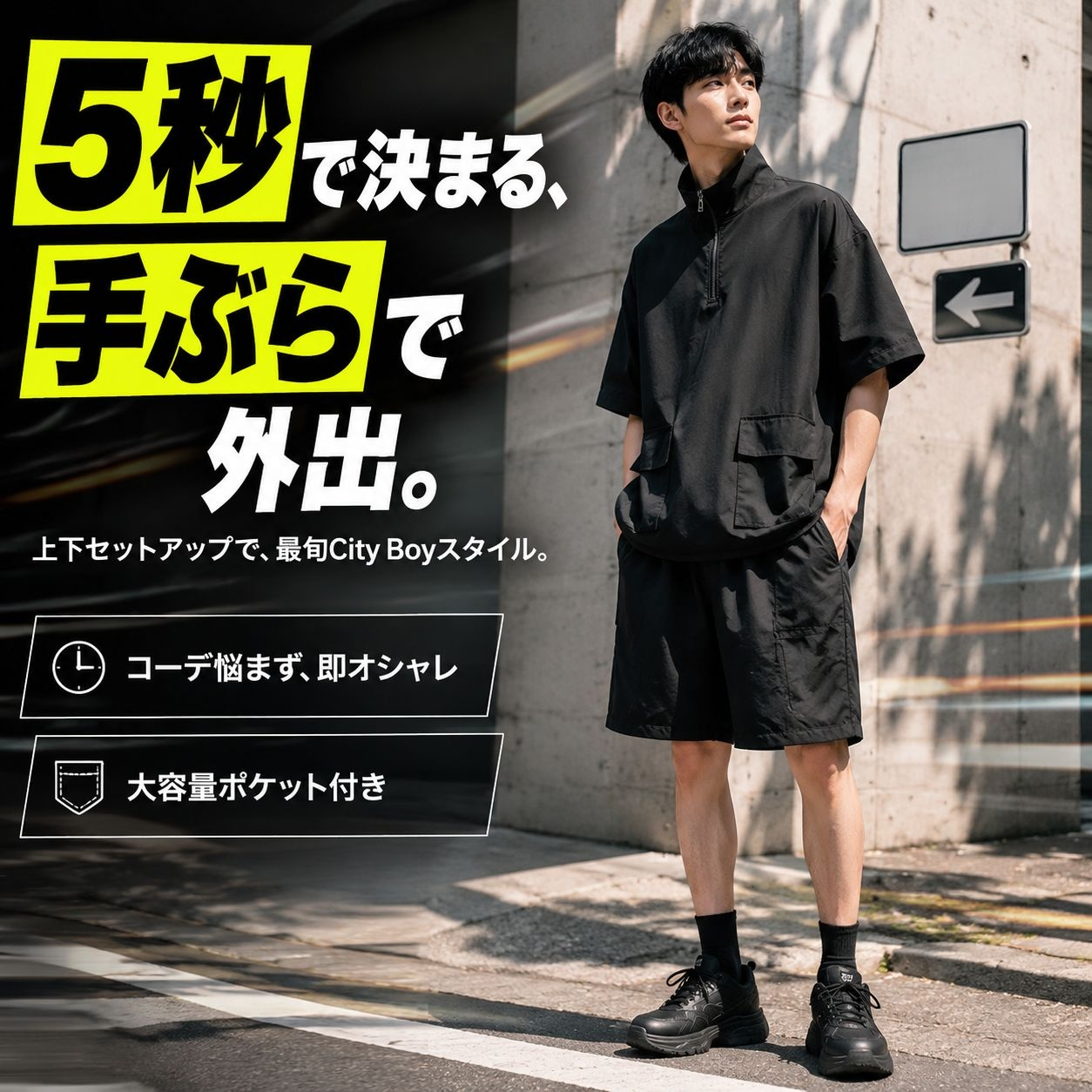 夏メンズ作業用ハーフジップ半袖トップス