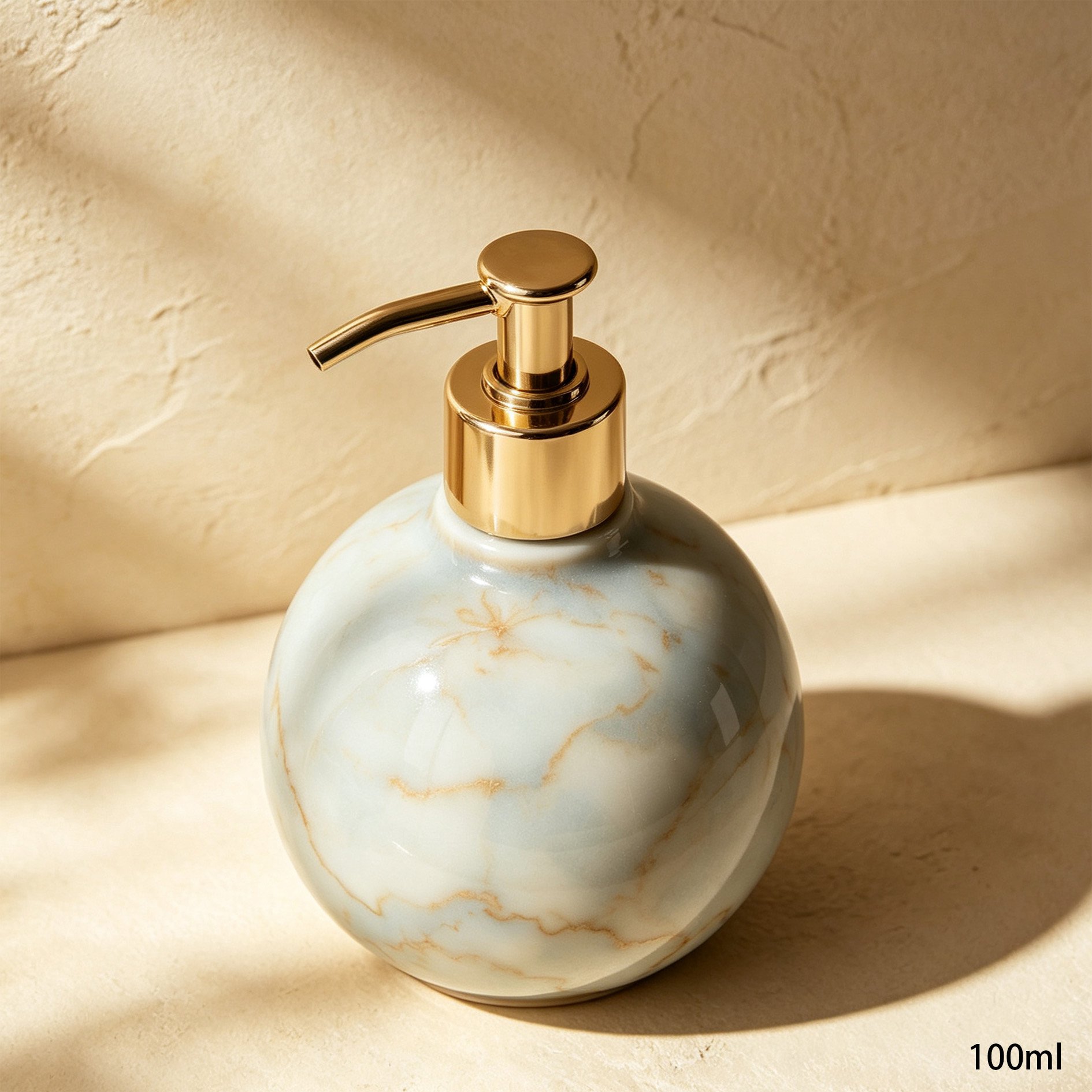 Elegant bathroom decor with marble-patterned bottles