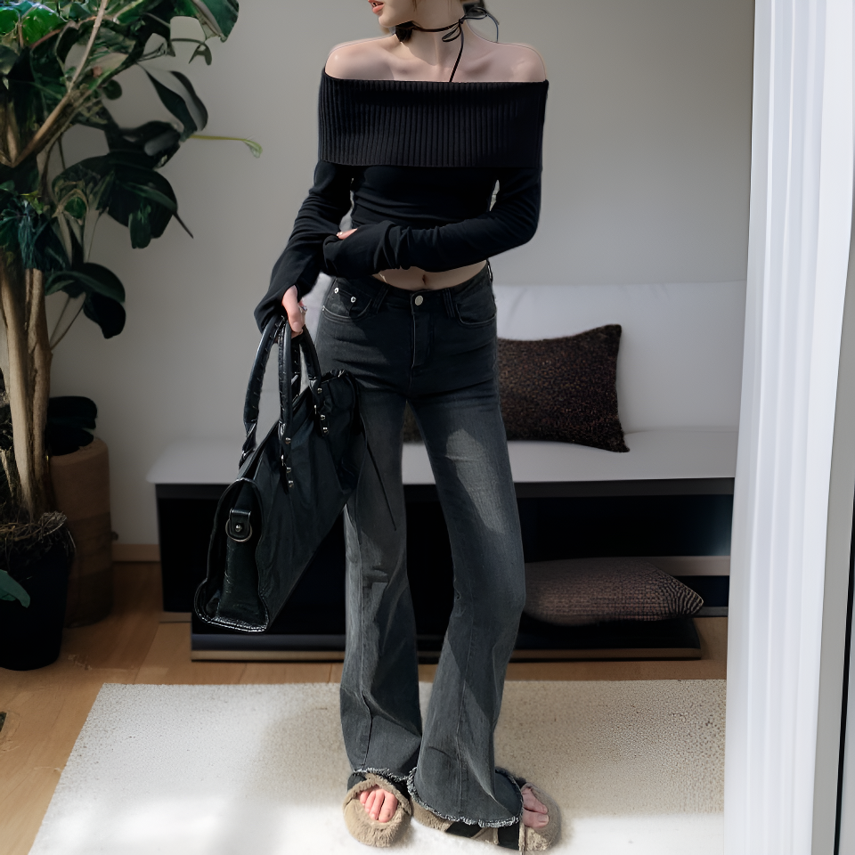 セクシーオフショルダーパッチスリムトップス韓国風レディース