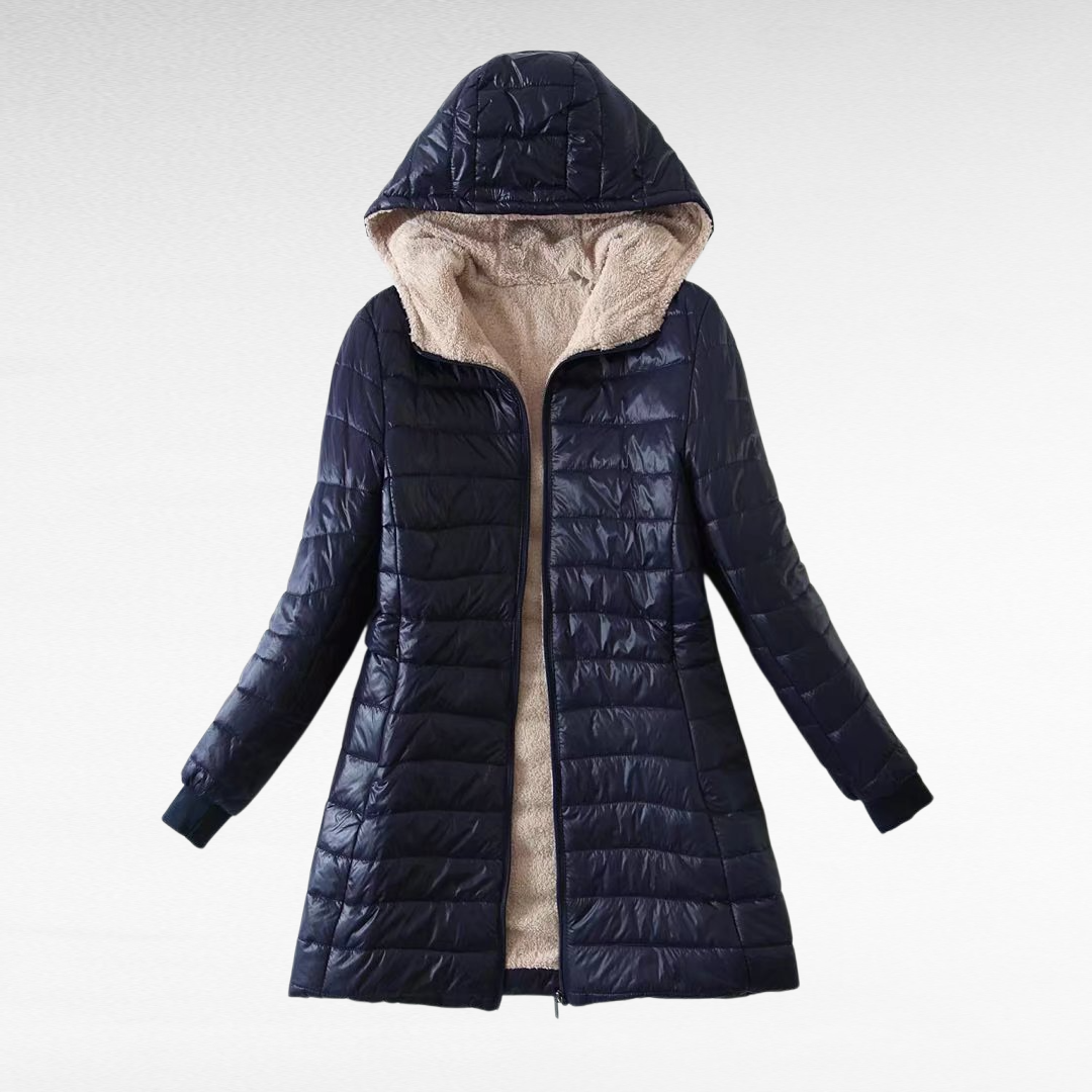 レディース厚手裏起毛フード付き中長コート スリム保温シープボア綿入りジャケット
