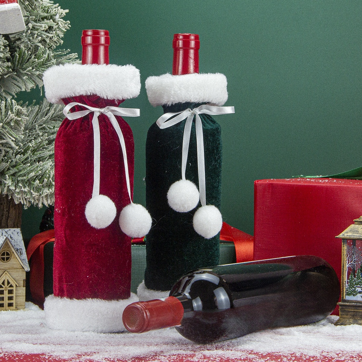 聖誕節絲絨毛絨酒瓶套裝飾袋