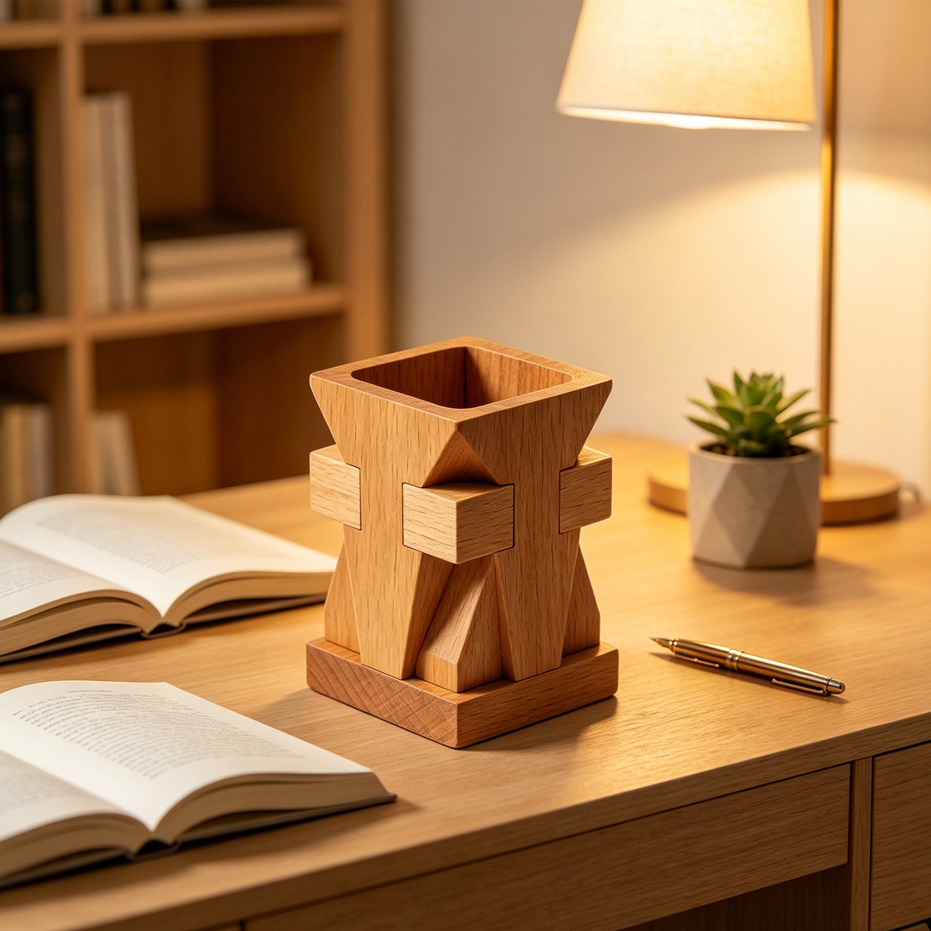 Solid wood desk organizer with pens and pencils