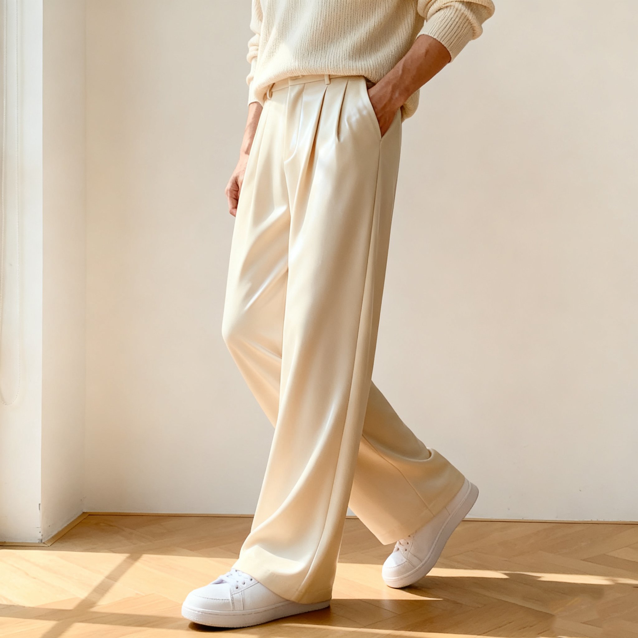  베이지 루즈핏 우아한 팬츠
