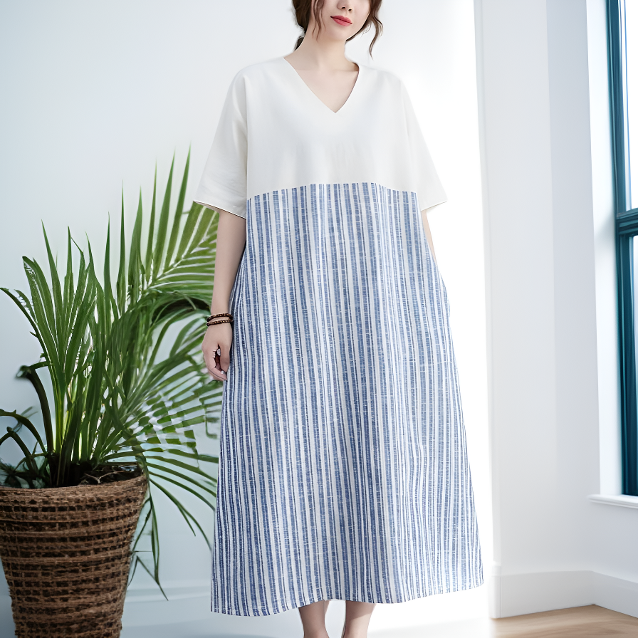 コットンリネンストライプルーズワンピース