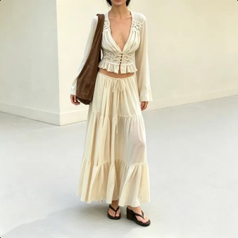 Europäisch-Amerikanisches Chiffon-Spitzen-Cardigan mit Bindegürtel und Maxikleid Damen-Set