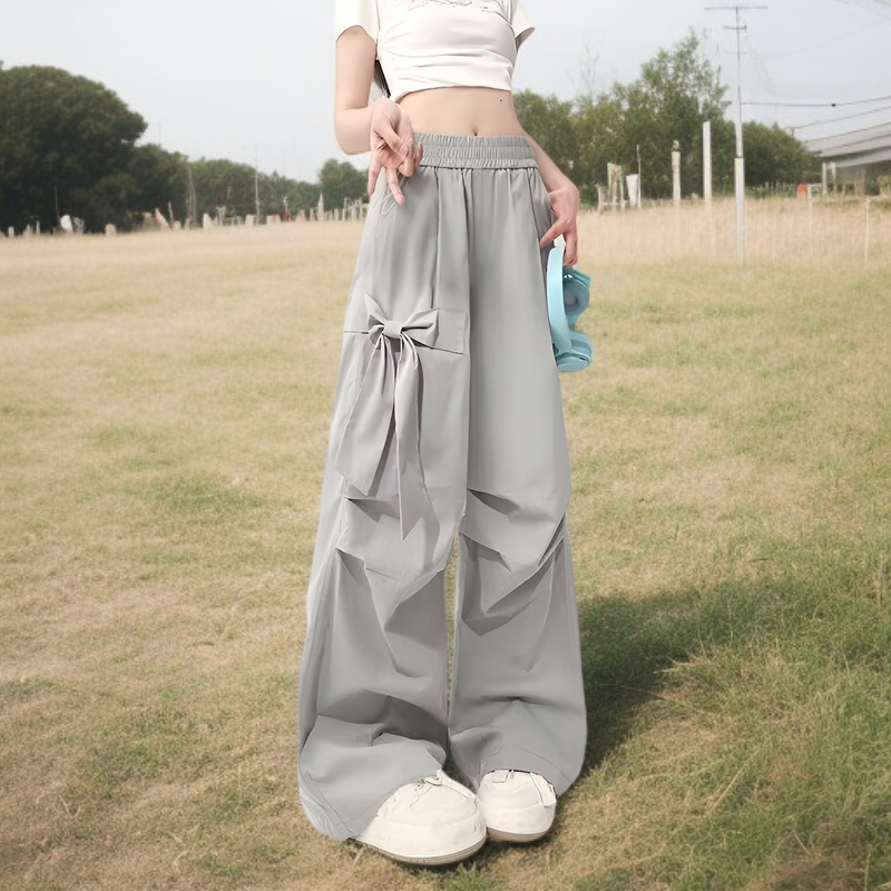 春夏リボン付きワークワイドパンツ ゴム入りハイウエスト 細見せゆったり 3XL大きめサイズ