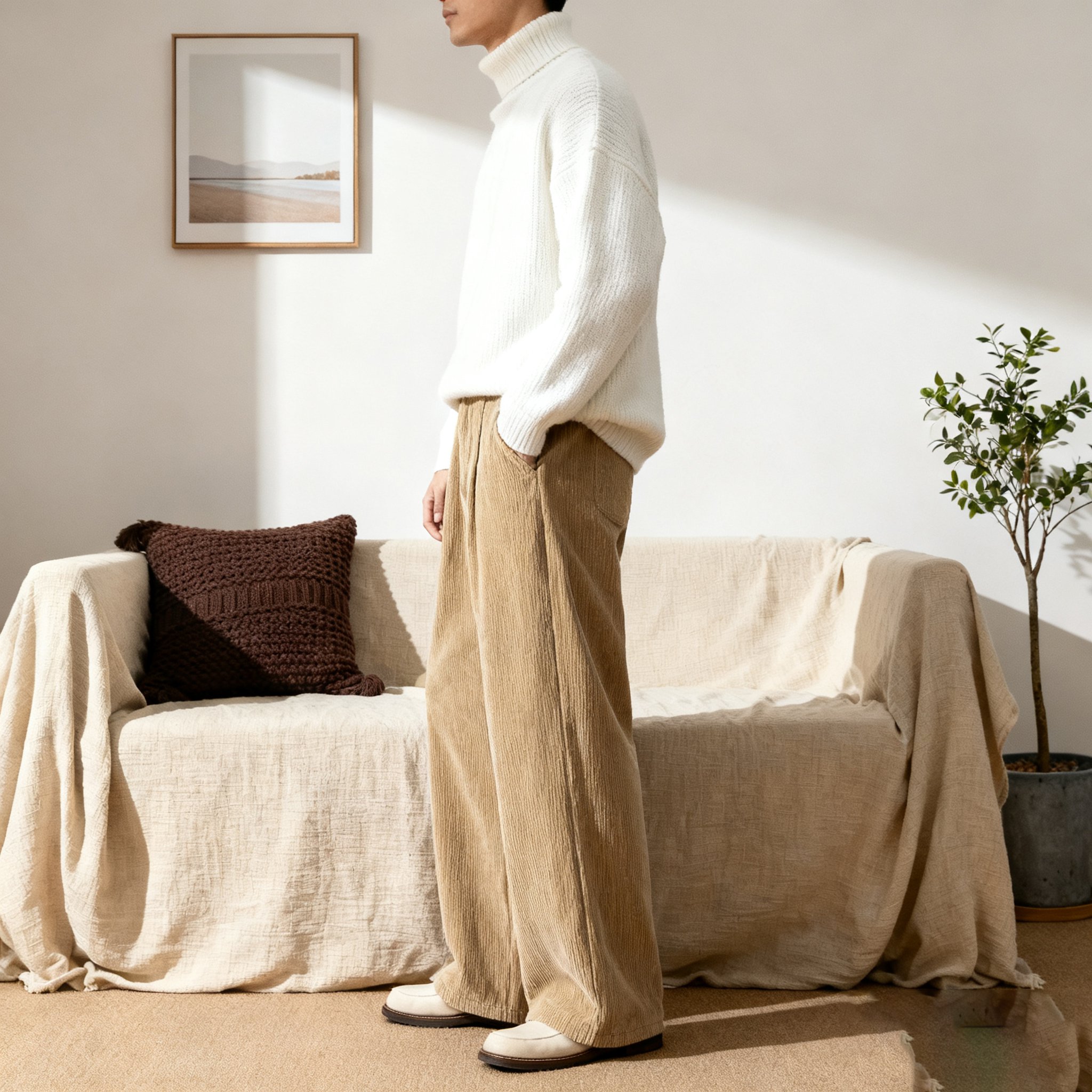 男性モデルが着用したリラックスフィットズボン